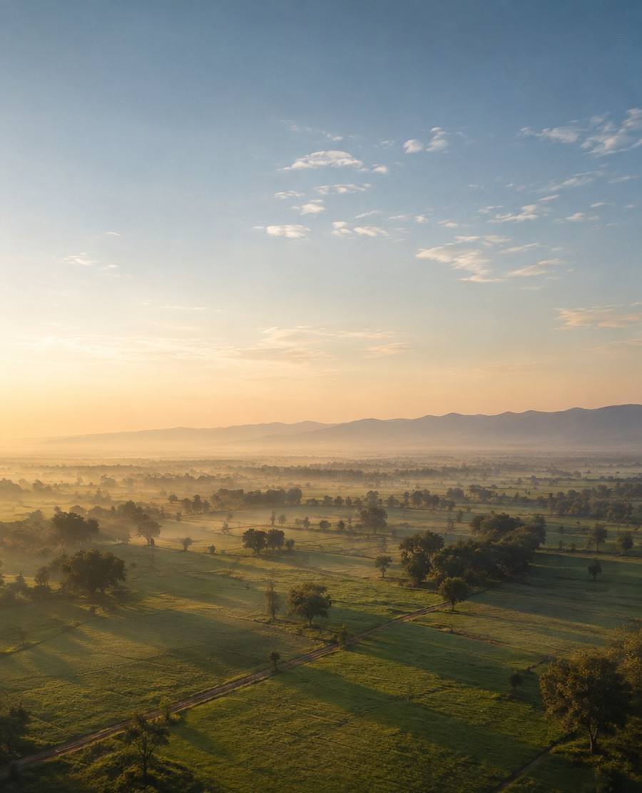 Open farmland at dawn